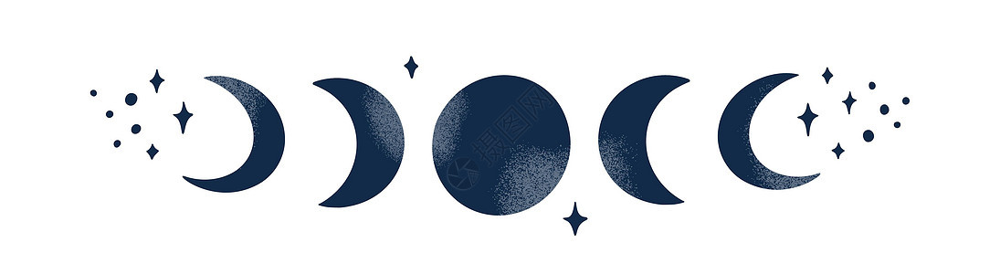 矢量月相图 与新月和星星的抽象现代设计 天体神秘概念与垃圾纹理隔离在白色背景 审美波西米亚水平海报 蓝色图片