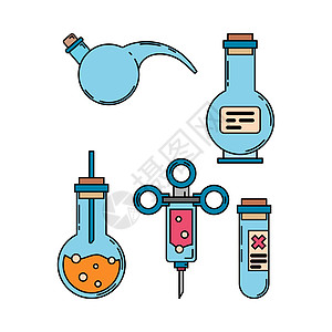 彩色医疗制药图标集反驳 管 注射器 专业设备符号 科学药学 化学背景会徽元素 实验室玻璃 矢量医学轮廓图图片