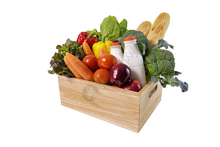 木制板箱 装有多球类蔬菜 水果 牛奶和袋状食品的木制纸箱 白色背景上隔离着沙拉面包植物材料木箱箱子送货叶子食物杂货店图片