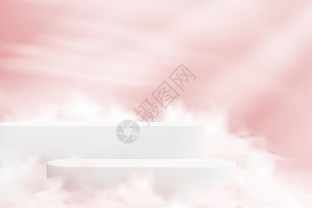 粉红色的云层上有白色讲台的最小化背景 用于产品演示的空展式首饰图片