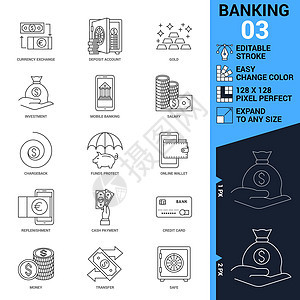 银行图标集 薄线矢量说明金子销售资金硬币插图金融交换现金收藏手机图片