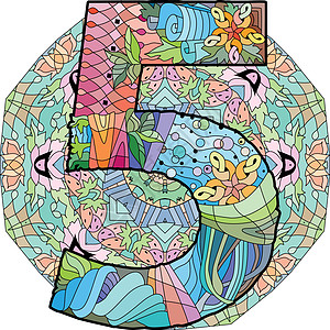 在 Mandala 上显示5 个旧字体 雕刻设计 矢量插图图片