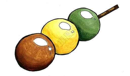 在一根棍子上画日本甜点Dango 三个Dango球是白色的图片