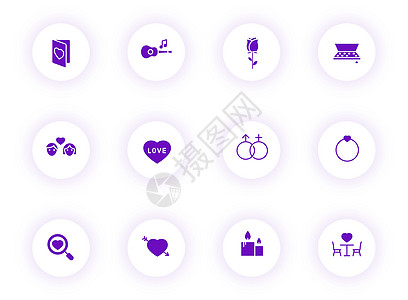 情人节那天紫色颜色矢量图标上带有紫色阴影的光圆形按钮 为 web 移动应用程序 ui 设计和打印设置的情人节图标礼物戒指用户日历图片