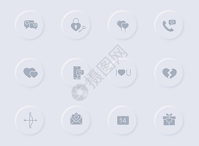 圆形橡胶按钮上的情人节灰色矢量图标 为 web 移动应用程序 ui 设计和促销业务测绘法设置的情人节图标婚礼情感界面艺术品应用恋图片