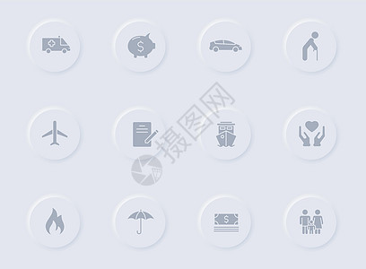 圆形橡胶按钮上的保险灰色矢量图标 为 web 移动应用程序 ui 设计和促销业务测绘术设置的保险图标网络界面帮助用户阴影风险商业图片