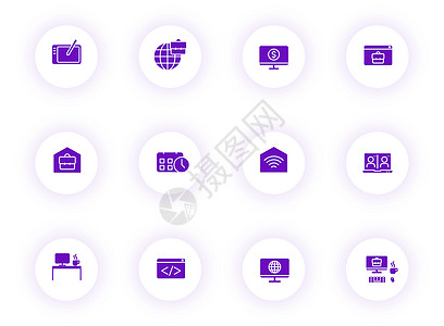 在带有紫色阴影的光环按钮上工作 在为网络 移动应用程序 ui 设计和打印设定的主图标处工作笔记本职场互联网技术电脑商业男人员工用图片