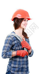 年轻 微笑着工作的女人 孤立的白种背景工程师女孩工人承包商设计师安全帽女性建筑建筑学职业图片