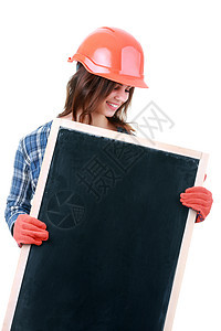 年轻女性建筑商佩戴头盔 手持空白横幅的照片承包商安全帽子广告牌标语建筑学女孩建筑师人士建设者图片