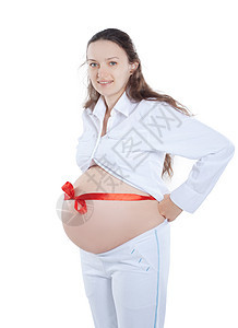 肚子上绑着红丝带的孕妇母性身体父母女性幸福婴儿保健生活分娩家庭图片
