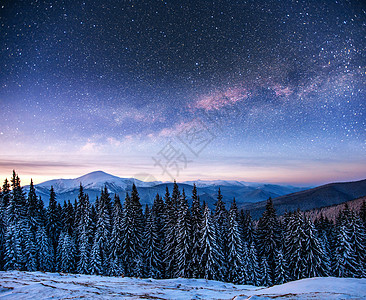 冬天树林里的 星际迷航降雪微光气候银河系森林行星星座乳白色天空高山图片