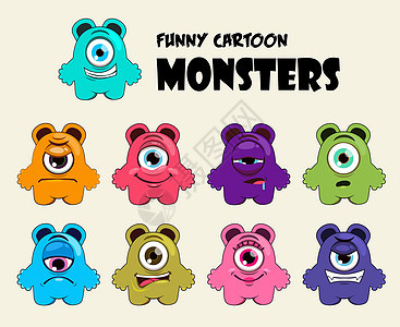 有趣的卡通五颜六色的怪物 有情绪的怪物 表情 悲伤的 快乐的 愤怒的面孔 有趣的卡通人物 矢量图图片