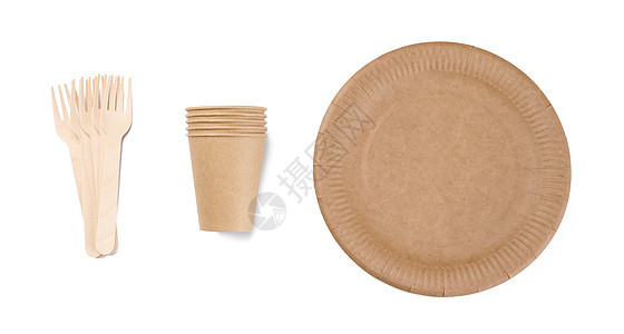 白色背景的棕色纸杯 木叉和板块 可回收垃圾 拒绝塑料图片