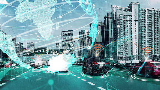 新城市道路未来汽车交通的智能交通技术概念送货车辆商业建筑安全运输无人驾驶人工智能控制基础设施图片