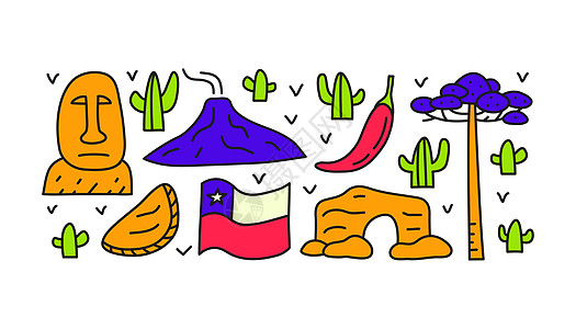 一组彩色智利图标文化洞穴卡片胡椒旅行国家作品拉丁旅游团体图片