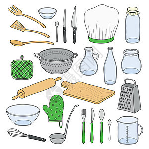厨房用具套装平底锅钢包帽子勺子瓶子玻璃别针食物刀具厨具背景图片