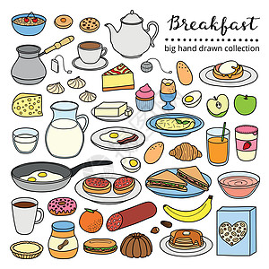 一套手画早餐盘羊角盘子谷物甜点杯子面包黄油水果果汁食物图片