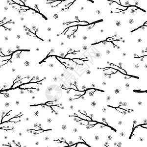 无缝模式 与sakura树枝枝条卡片衬套植物叶子墨水和服花园花瓣绘画图片
