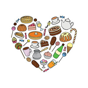 手画的甜食在心脏形状甘蔗咖啡店铺面包馅饼巧克力食物饮料杯子早餐图片