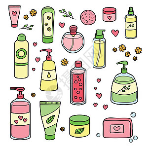 手工绘画的美容产品成套奶油身体香水女性肥皂治疗管子液体润肤涂鸦图片