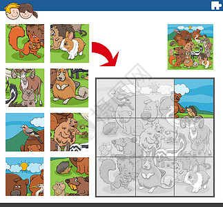 与卡通动物字符组拼图拼图任务图片