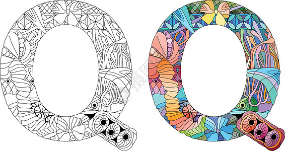 用于彩色 雕刻设计 矢量插图 颜色和大纲集的字母 Q 单方字图片