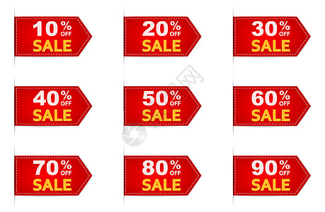 一套红色购物标签丝带 收集10至90的折扣价格的购物丝带以及季节网络徽章商业广告店铺市场横幅晋升插图图片