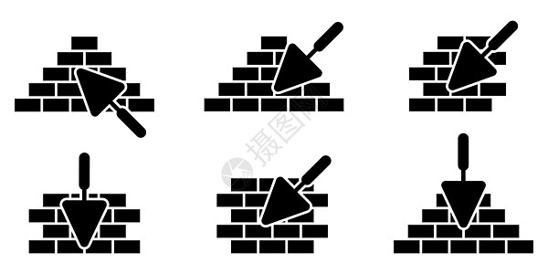 砌体图标设置 抹子和砖图标 施工或维修符号 砖砌和建筑抹子图标钻头石工头盔乐器水泥瓦工管道插头建设者职业图片