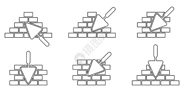 砌体图标设置 抹子和砖图标 构造或修复线性符号 砖砌和建筑抹子图标图片