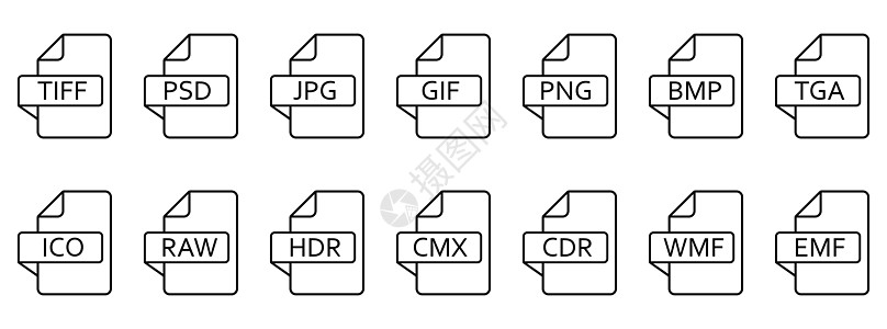 图像文件格式图标 不同图像格式的矢量线性图标集插图标签电脑类型网络数据艺术文件夹技术黑色图片