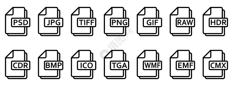 图像文件格式图标 不同图像格式的矢量线性图标集文件夹电脑插图光盘标签按钮艺术数据白色类型图片