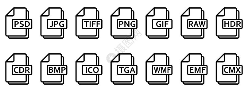 图像文件格式图标 不同图像格式的矢量线性图标集文件夹电脑插图光盘标签按钮艺术数据白色类型图片