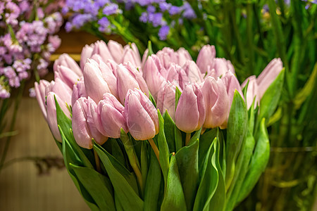 花店的粉红郁金香 要卖一束花庆祝叶子礼物花园季节植物群花束粉红色花瓣绿色图片