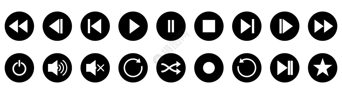 音频按钮 黑色圆环按钮 矢量播放器按钮圆圈扬声器界面电脑视频记录倒带插图白色纽扣图片