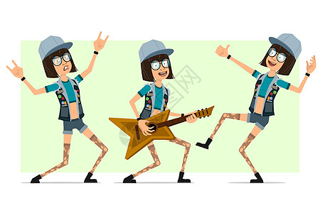 卡通平板时装女孩性格矢量组合卡车吉他紧身衣女性快乐靴子短裤音乐动画片潮人图片