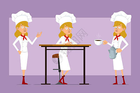 卡通平板厨师烹饪女孩性格矢量组合餐厅手势咖啡冒充女士女性酒店帽子动画片工作图片