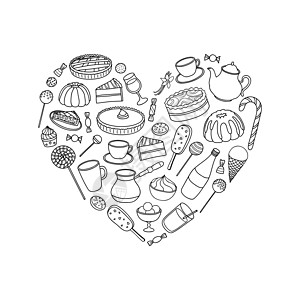 手画的甜食在心脏形状厨房巧克力店铺家庭派对糖果涂鸦餐厅糕点外滩图片