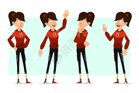 卡通平板运动 女孩性格大矢量微笑手势红色女性训练女士帽衫思维动画片快乐图片