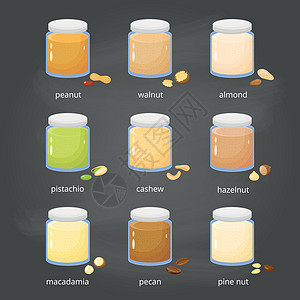 一系列的坚果扩散甜点可可腰果标签黄油营养开心果瓶子花生松树图片