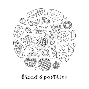 手画面包和糕点在圆圈里绘画菜单小吃饼干草图涂鸦小麦食物咖啡店面包图片