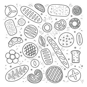 一套手画面包和糕点甜点食物餐厅涂鸦厨房羊角绘画菜单草图蛋糕图片