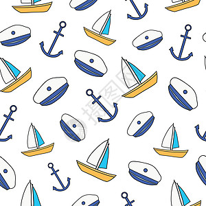 与海产品无缝模式白色水手打印旅行篷布巡航帆船海洋织物套房设计图片