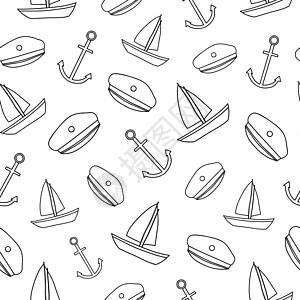 与海产品无缝模式黑色帆船水手假期旅行游艇打印套房航海绘画设计图片