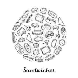 手画三明治和汉堡环绕着圈子面包食物屁股菜单火腿餐厅圆圈早餐沙拉绘画图片