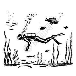 潜水员跳入海底的海底孩子旅游草图活动绘画艺术面具海洋男人冒险图片
