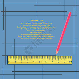 标尺和铅笔在蓝色背景上 带框架图片