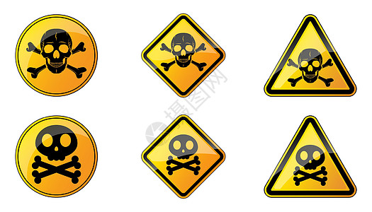 一组有人头骨的危险迹象警报流感颅骨疾病矢量标签生物注意力贴纸警告图片