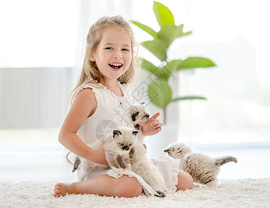 女孩有小猫的破布娃娃哺乳动物快乐布娃娃动物友谊猫咪女性宠物童年乐趣图片