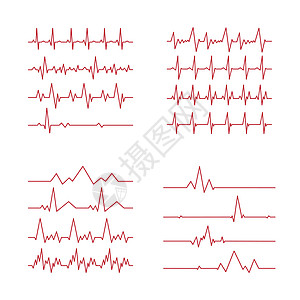 16 pcs 心脏脉冲 - 白色背景的曲线红线 - 矢量图片