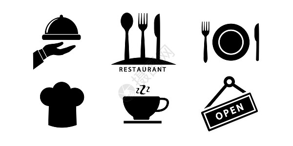 向量组的烹饪图标 勺子 叉子 刀 厨师帽和盘子图标集 手拿食物托盘 晚餐服务系列 餐具剪影 矢量图图片